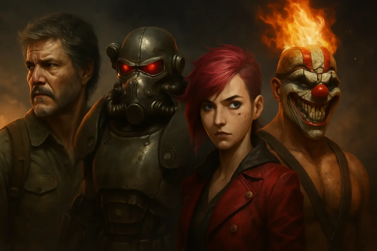 nova era das adaptações de jogos para o cinema e TV, Montagem com personagens de séries baseadas em games como The Last of Us, Fallout, Arcane e Twisted Metal.
