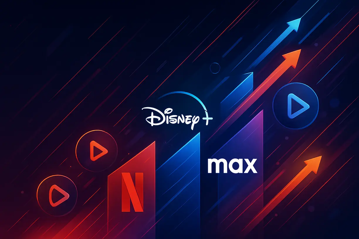 Gráfico com logos da Netflix, Disney+, Max e outras plataformas disputando o futuro do streaming