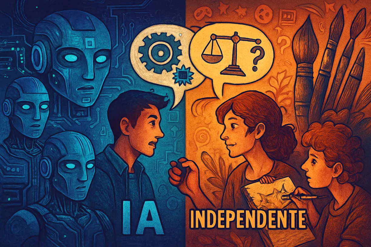 Ilustração comparando animações geradas por IA com produções independentes, destacando debates éticos e técnicos no mundo geek.