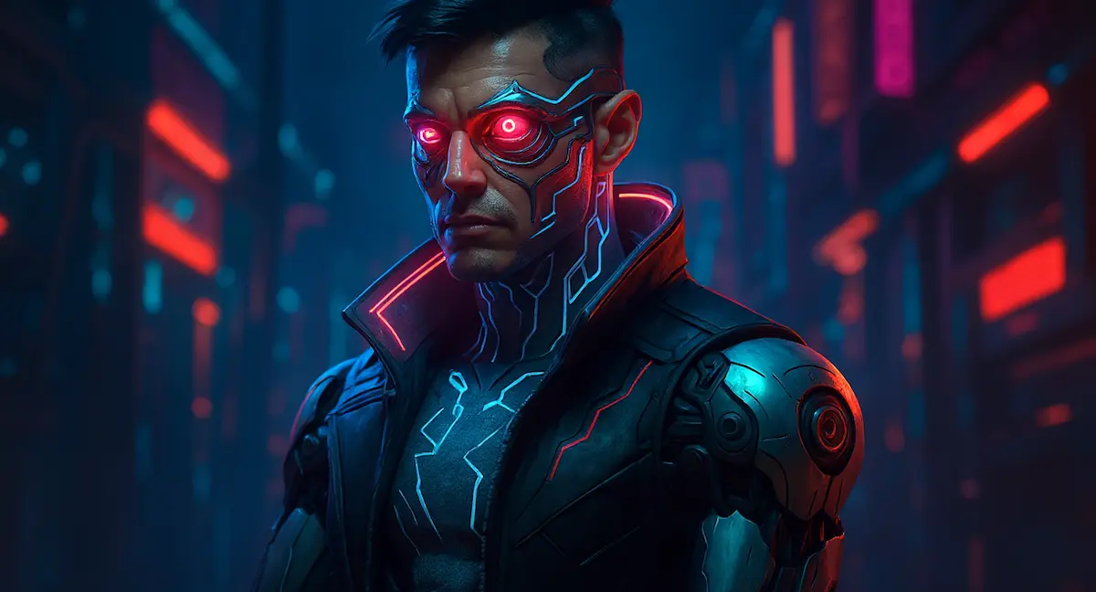 Biotecnologia e o Corpo Geek – Ilustração futurista de um personagem geek com implantes cibernéticos e aprimoramentos biotecnológicos, representando a fusão entre humano e máquina na cultura pop.