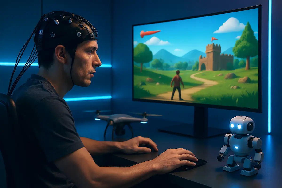 Pessoa usando interfaces cérebro-computador para controlar games e gadgets geek