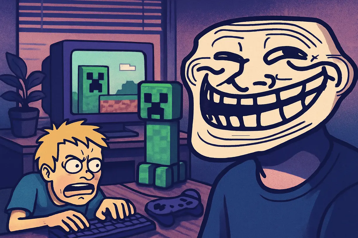 Ilustração de memes geeks famosos como Trollface, Creeper de Minecraft e estética lo-fi em vídeos de gameplay.