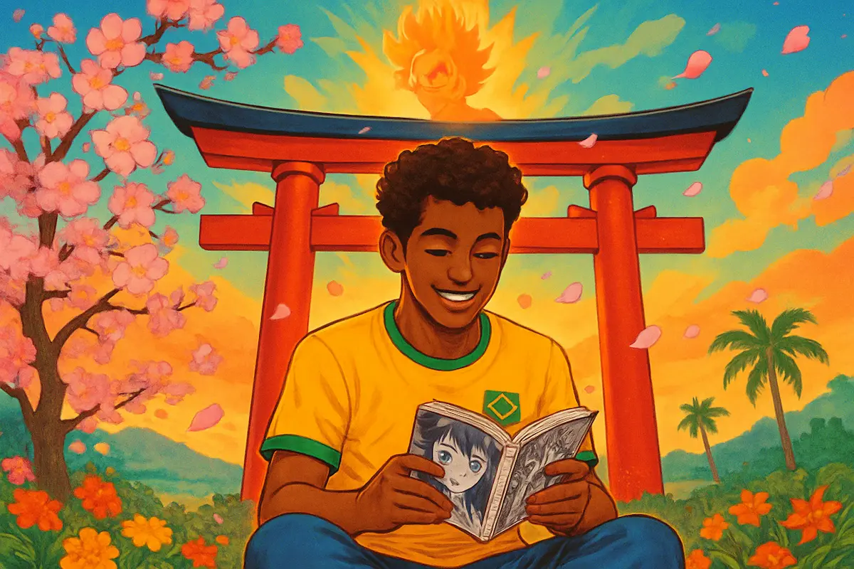Ilustração de fã brasileiro de anime lendo mangá, com Goku e símbolos da cultura japonesa ao fundo.