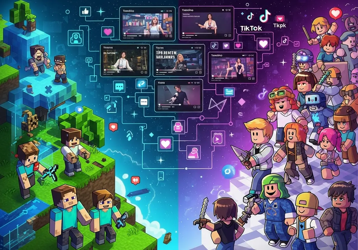 Jovens da Cultura Gen Alpha conectados em Minecraft, Roblox e TikTok, representando o impacto dos conteúdos fragmentados na nova geração digital.