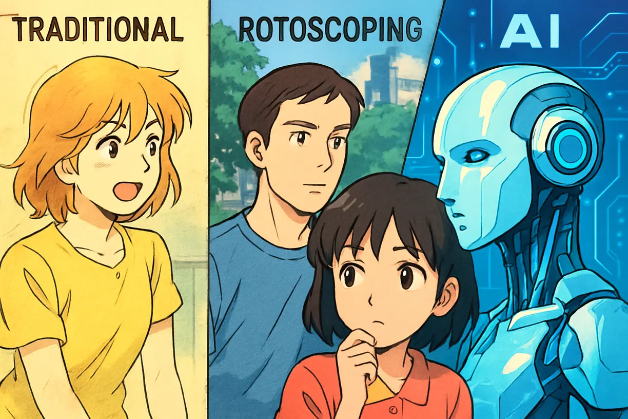 Comparativo entre técnicas tradicionais e IA em animes, com foco na polêmica da rotoscopia e automação