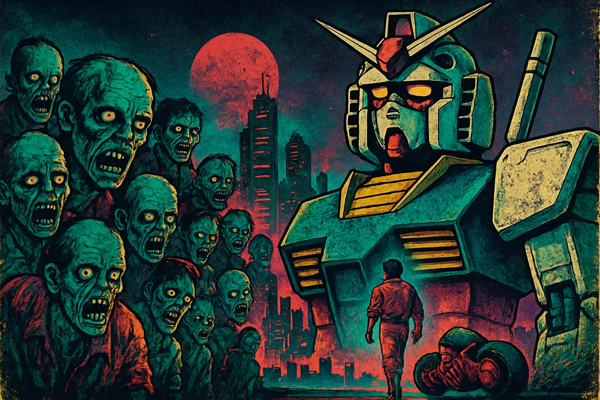 Personagens de animes clássicos em montagem com mechas, distopia cyberpunk e zombies.
