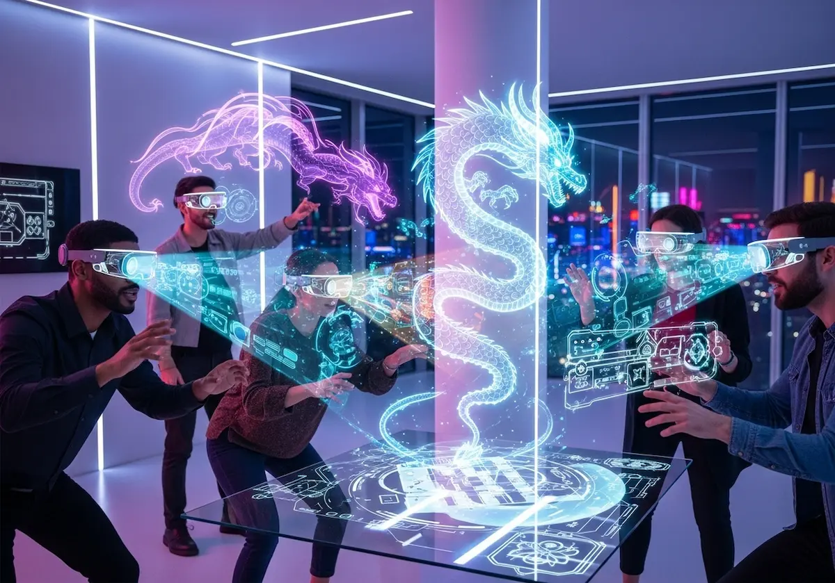 Jogadores utilizando realidade aumentada em jogos com hologramas e interações digitais.
