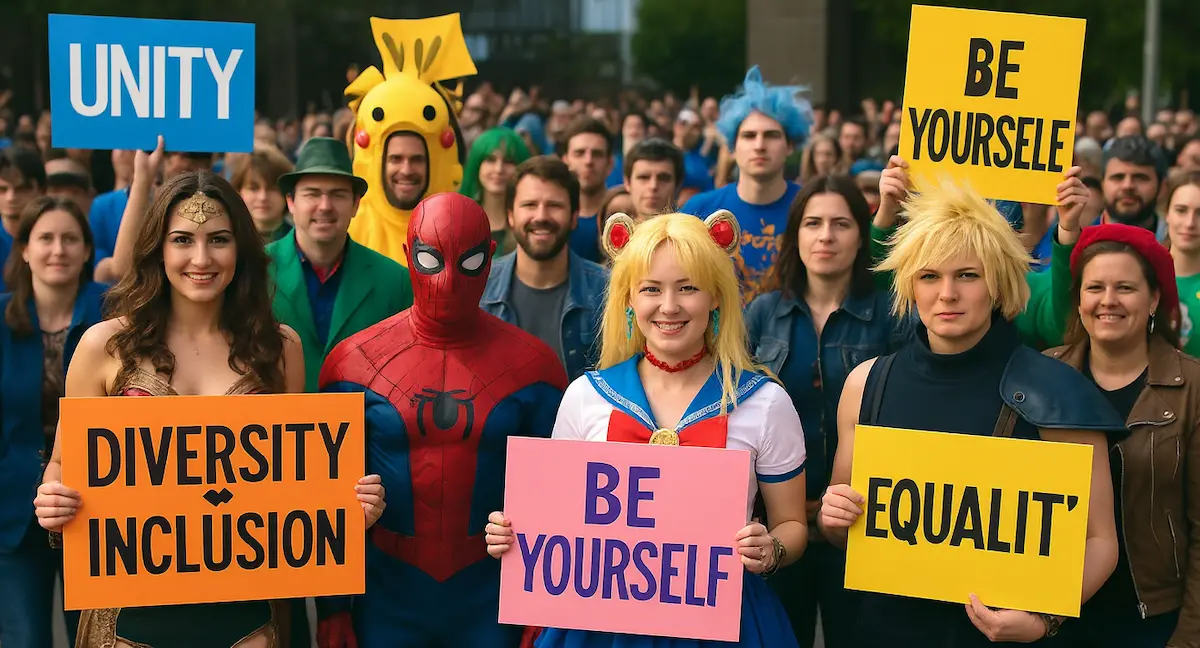 Comunidade de fãs da cultura geek unida em evento, apoiando causas sociais e diversidade.