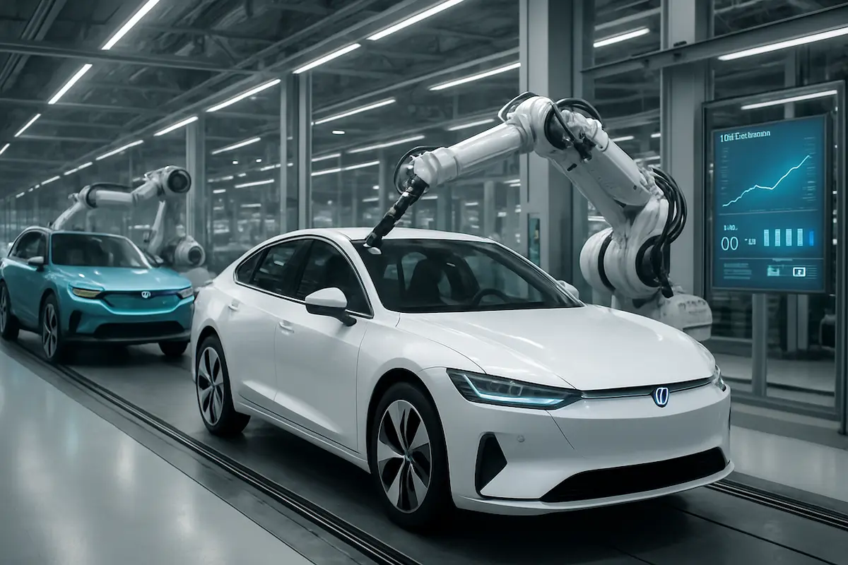 Linha de produção de veículos híbridos e elétricos adaptados às novas regras de emissões, mostrando inovação em motores e tecnologias sustentáveis.