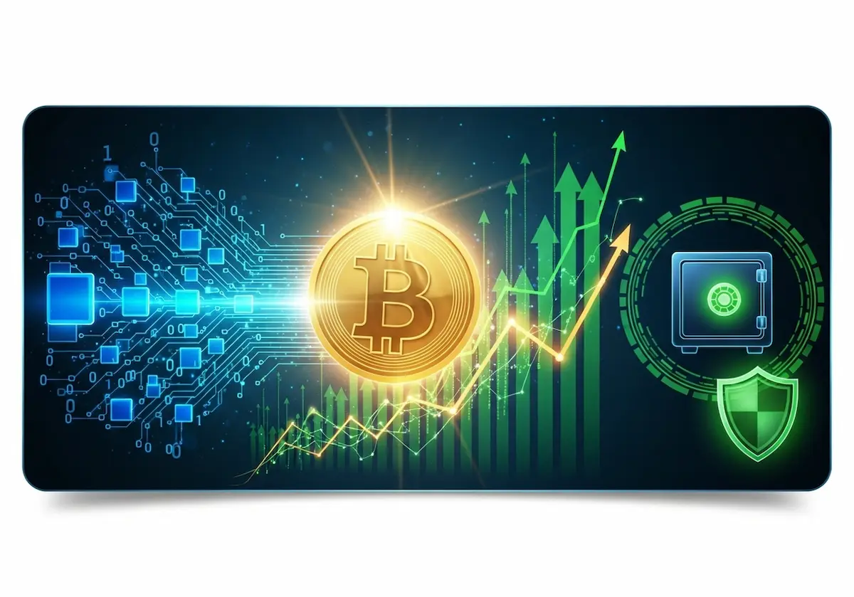 Representação visual do Bitcoin mostrando sua origem, valor de mercado e potencial como investimento digital seguro.