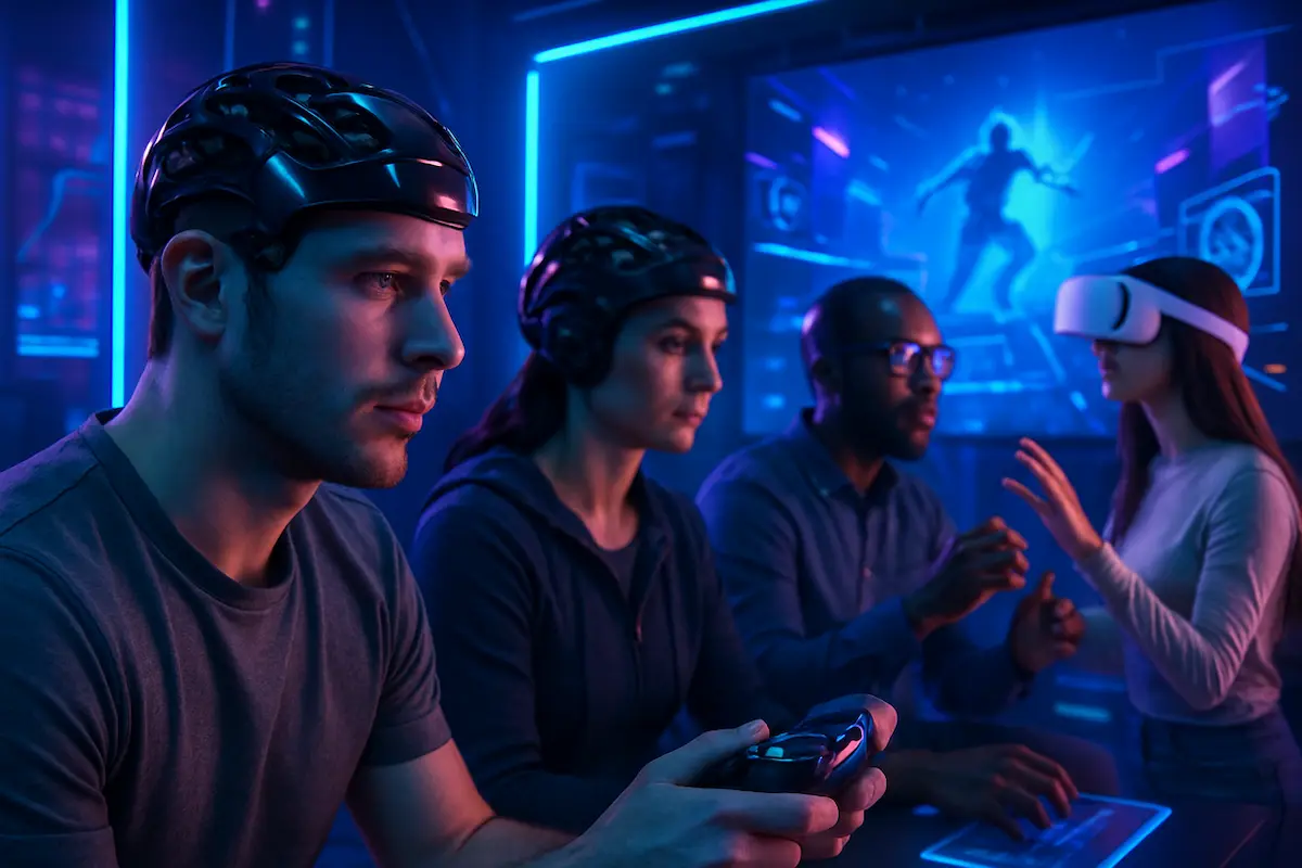 Pessoa utilizando headset de interface cérebro-computador para controlar jogos e dispositivos geek apenas com o pensamento.