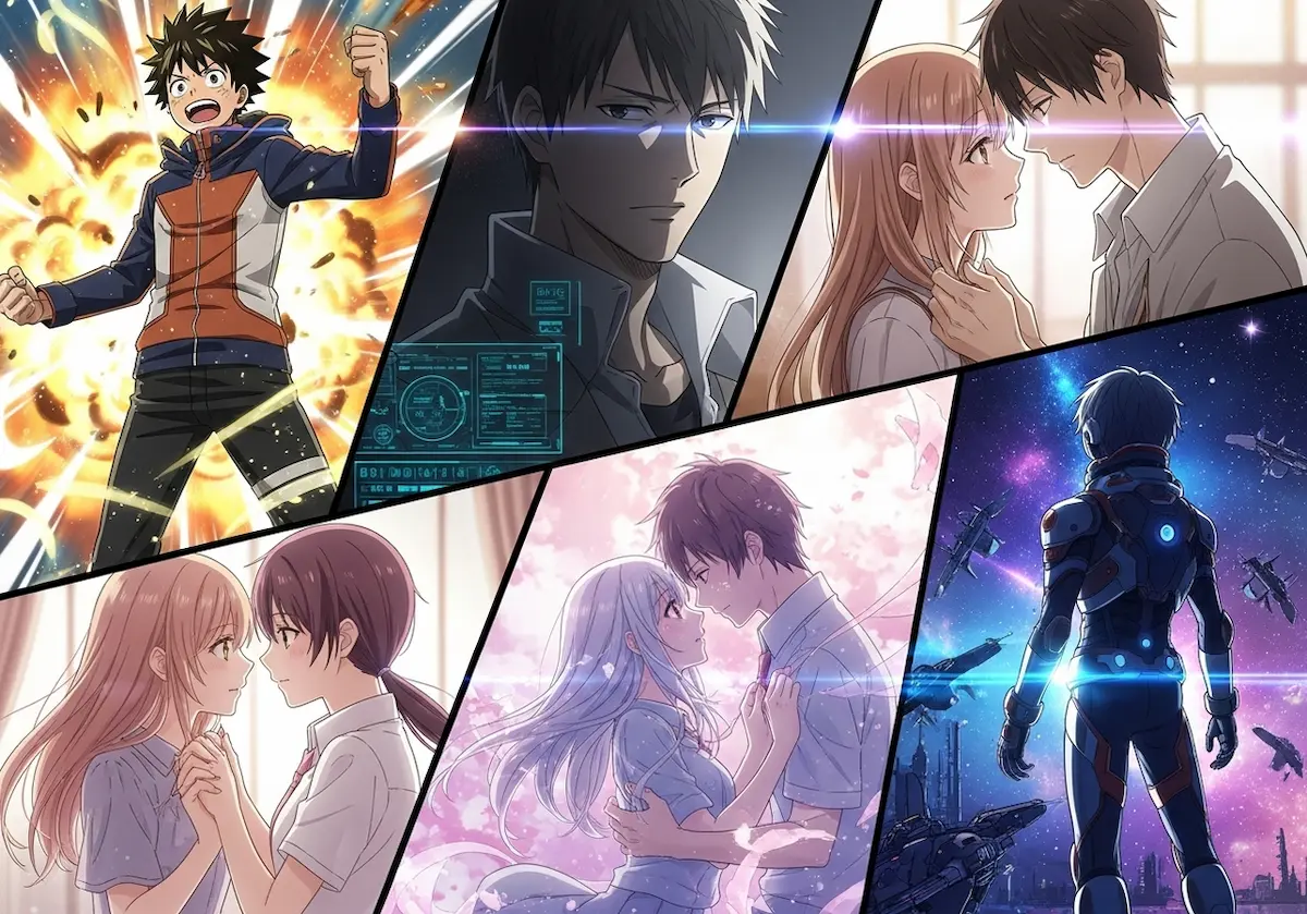 Ilustração com personagens de diferentes estilos representando os principais gêneros de anime como shōnen, seinen, yaoi, yuri e ópera espacial.