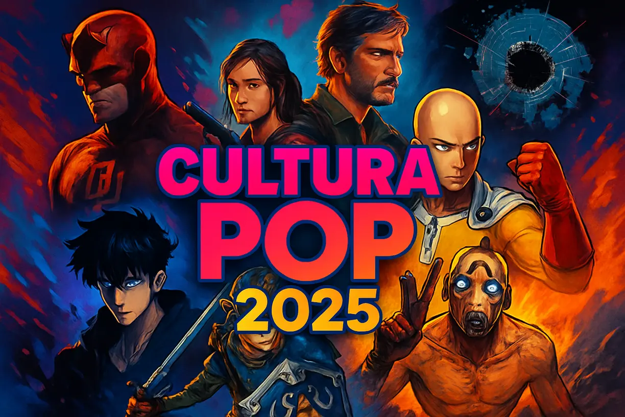 Arte representando séries, animes e games que fazem parte das tendências da cultura pop 2025.