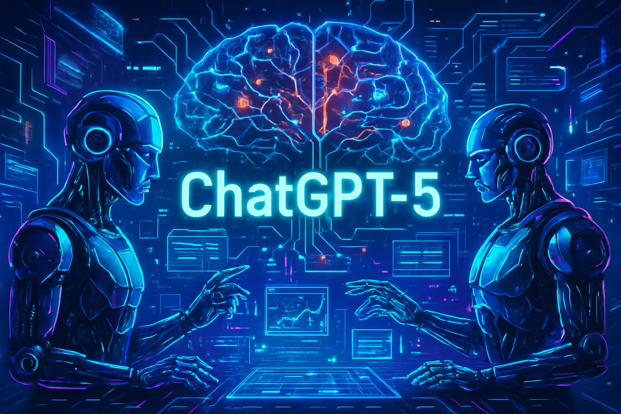 Ilustração futurista representando a evolução do ChatGPT-5 com destaque para inteligência artificial e tecnologia avançada.