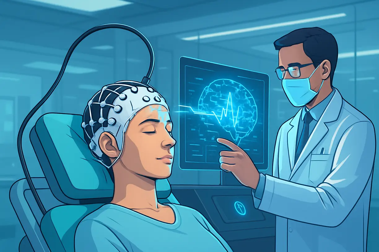 Médicos realizando cirurgia inovadora de estimulação cerebral profunda com interface cérebro-computador para tratar depressão crônica.