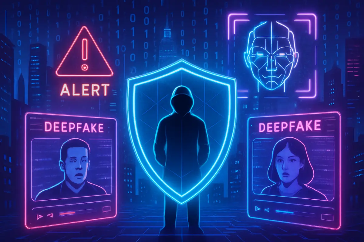 Ilustração digital de uma pessoa protegida por escudo digital contra deepfakes, com hologramas, alertas de segurança e telas distorcidas ao redor em cenário cyberpunk.
