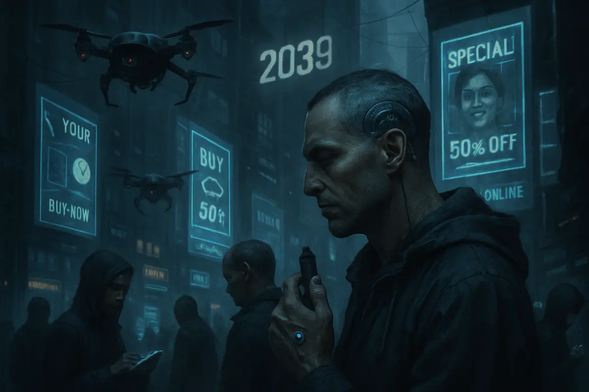 Ilustração futurista mostrando uma cidade em um futuro distópico em 2039, com inteligência artificial, IoT e tecnologia pessoal controlando o cotidiano.