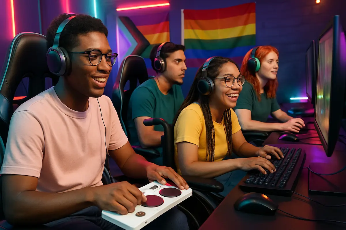 E-sports como Ferramenta de Inclusão Social: Jovens diversos jogando E-sports em um ambiente inclusivo com cadeiras gamer, bandeiras LGBTQIAP+ e equipamentos adaptados para acessibilidade.