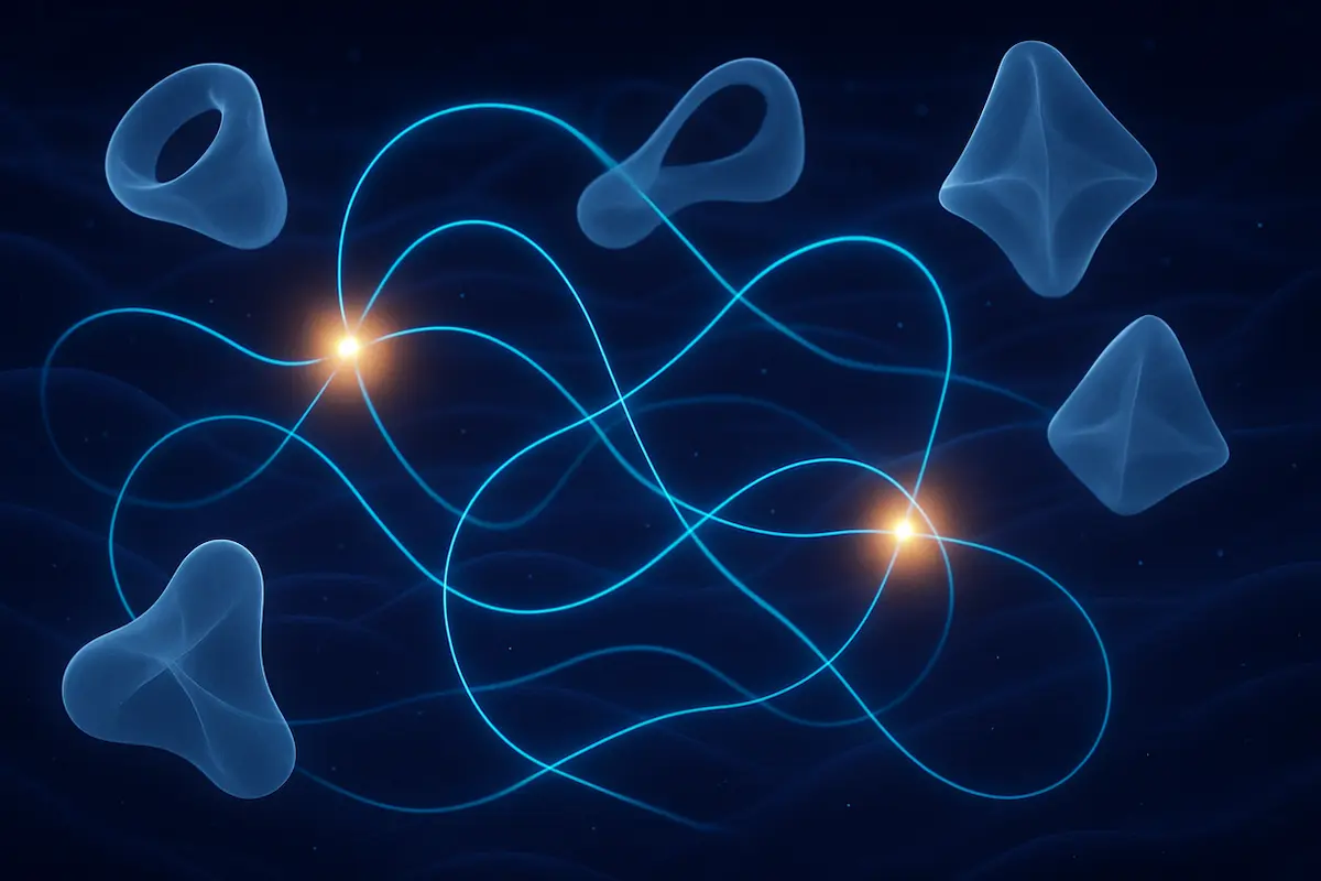 Ilustração conceitual de partículas topológicas e ânions de Ising em um sistema quântico, representando o conceito de neglecton como chave para a computação quântica universal.