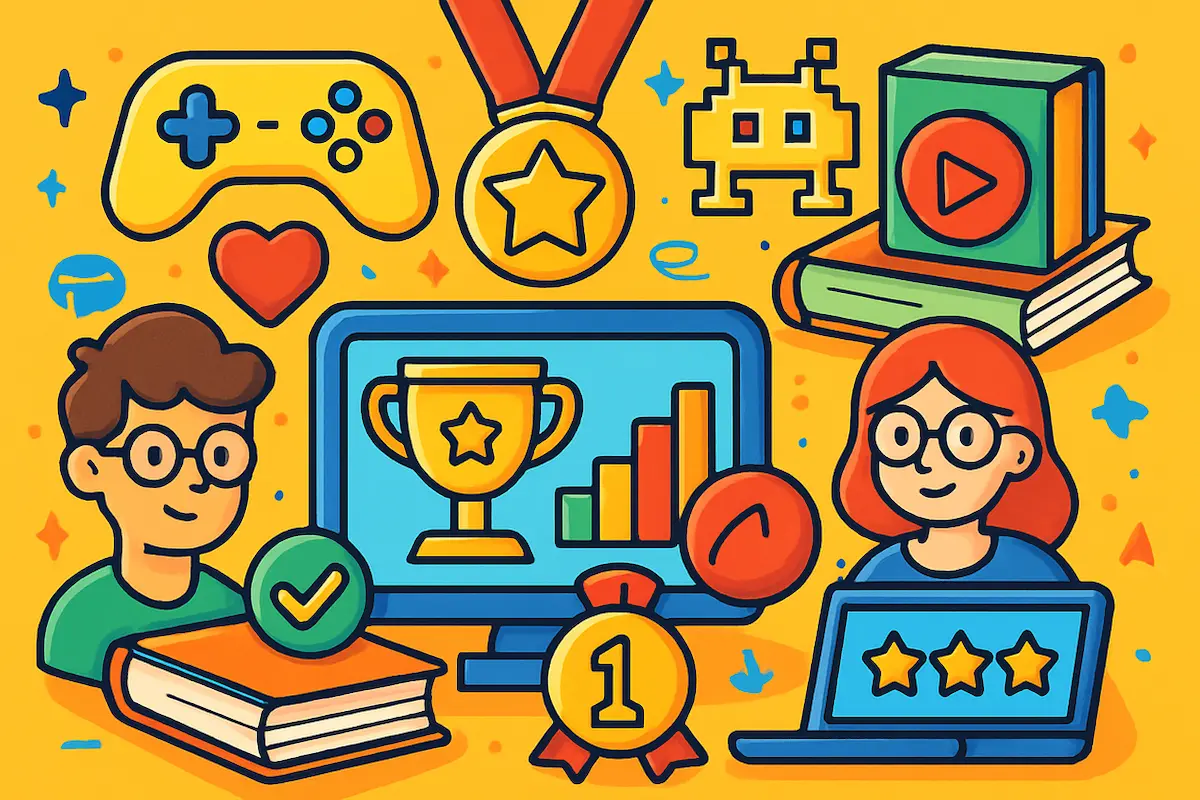 Ilustração representando gamificação na educação com elementos geek como avatares, recompensas e ambientes digitais