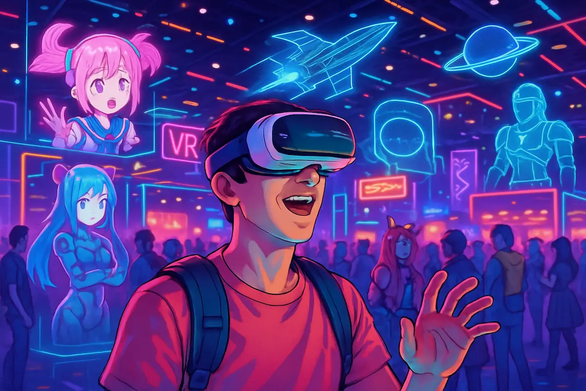 RA/RV: Fã geek usando óculos de realidade virtual em evento imersivo com hologramas e personagens de ficção científica ao redor.