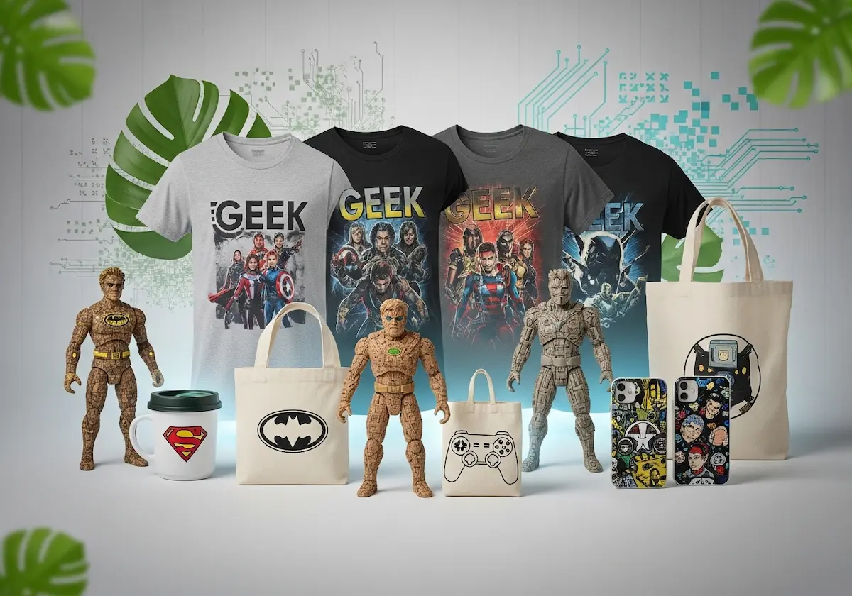 Camisetas e acessórios de moda geek sustentável feitos com tecidos reciclados e bioplásticos, representando estilo nerd aliado à responsabilidade ambiental.