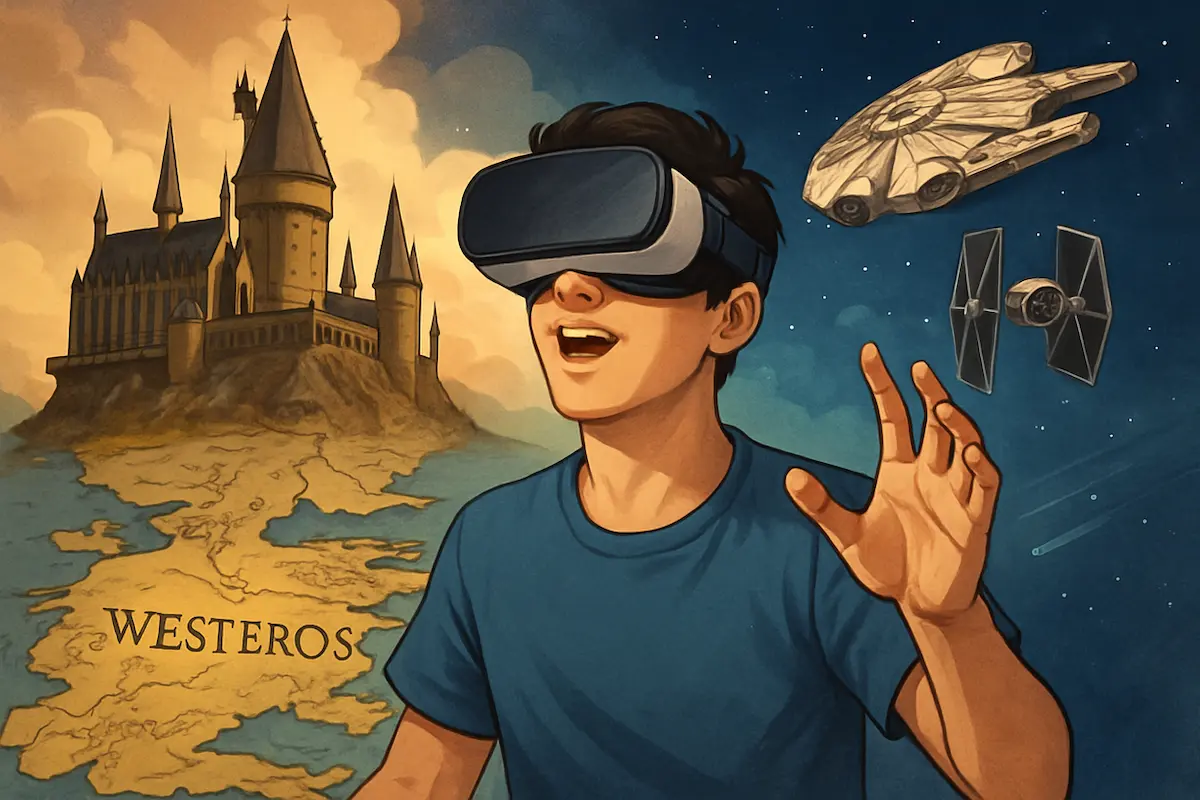 educação imersiva: Ilustração de estudante com óculos de realidade virtual interagindo com cenários de Hogwarts, Westeros e a Galáxia de Star Wars em ambiente educacional.