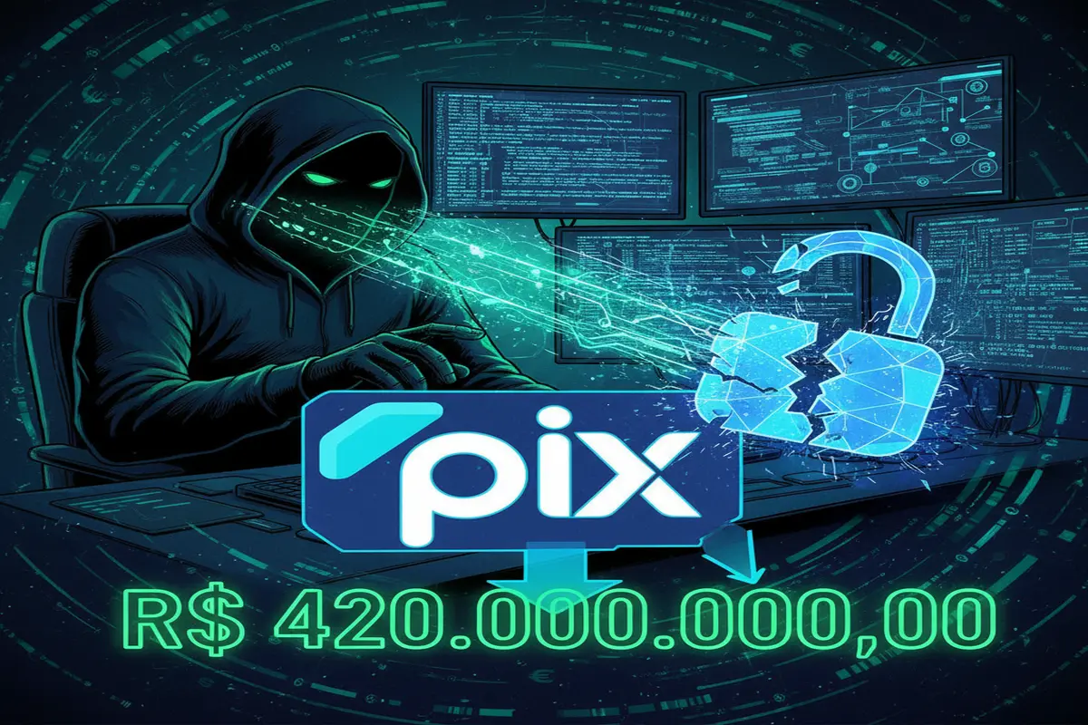 Ilustração de ataque hacker Pix com códigos digitais e cadeado quebrado, representando o desvio de R$ 420 milhões