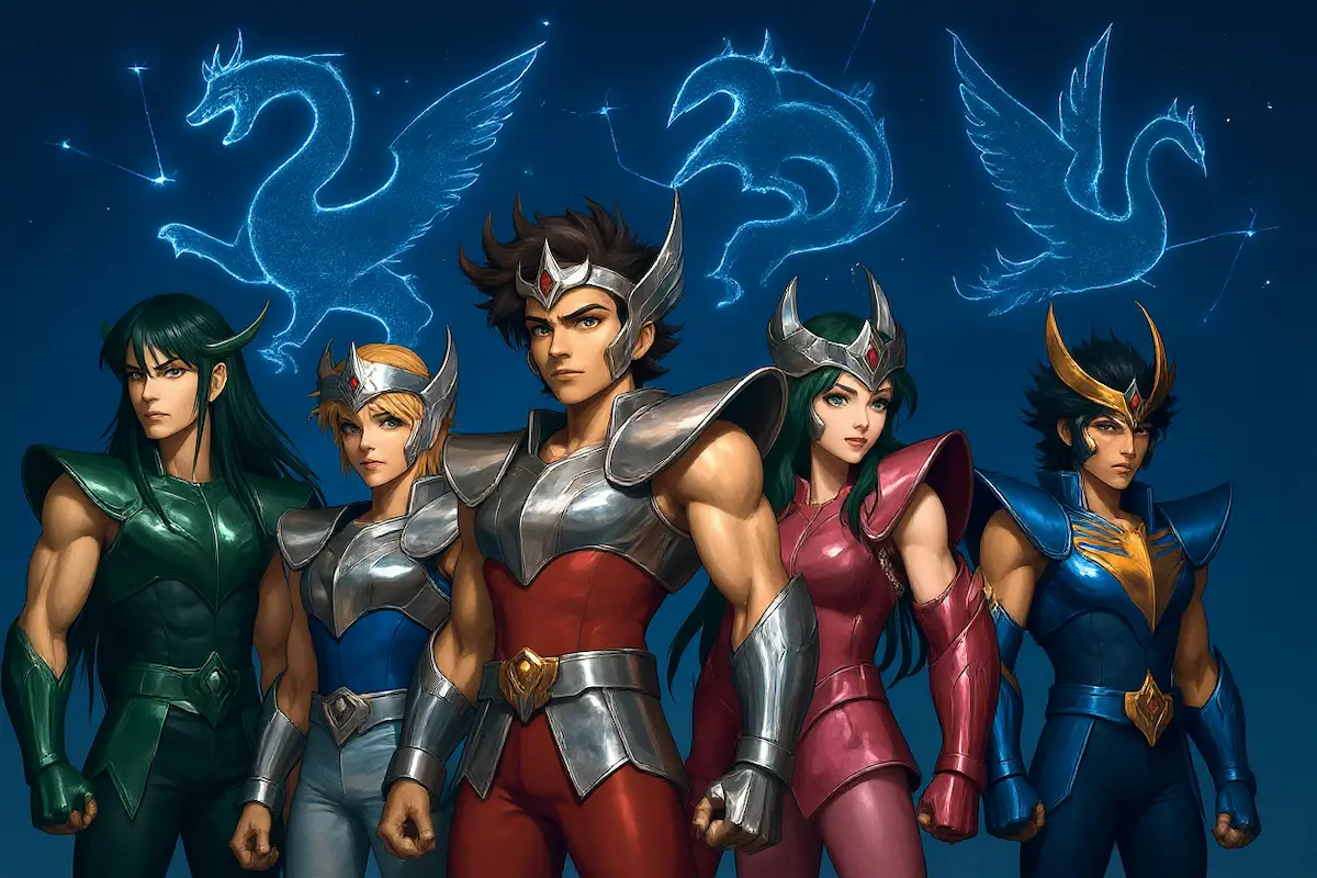 Ilustração dos Cavaleiros de Bronze com armaduras brilhando sob constelações gregas, representando o legado mitológico de Cavaleiros do Zodíaco