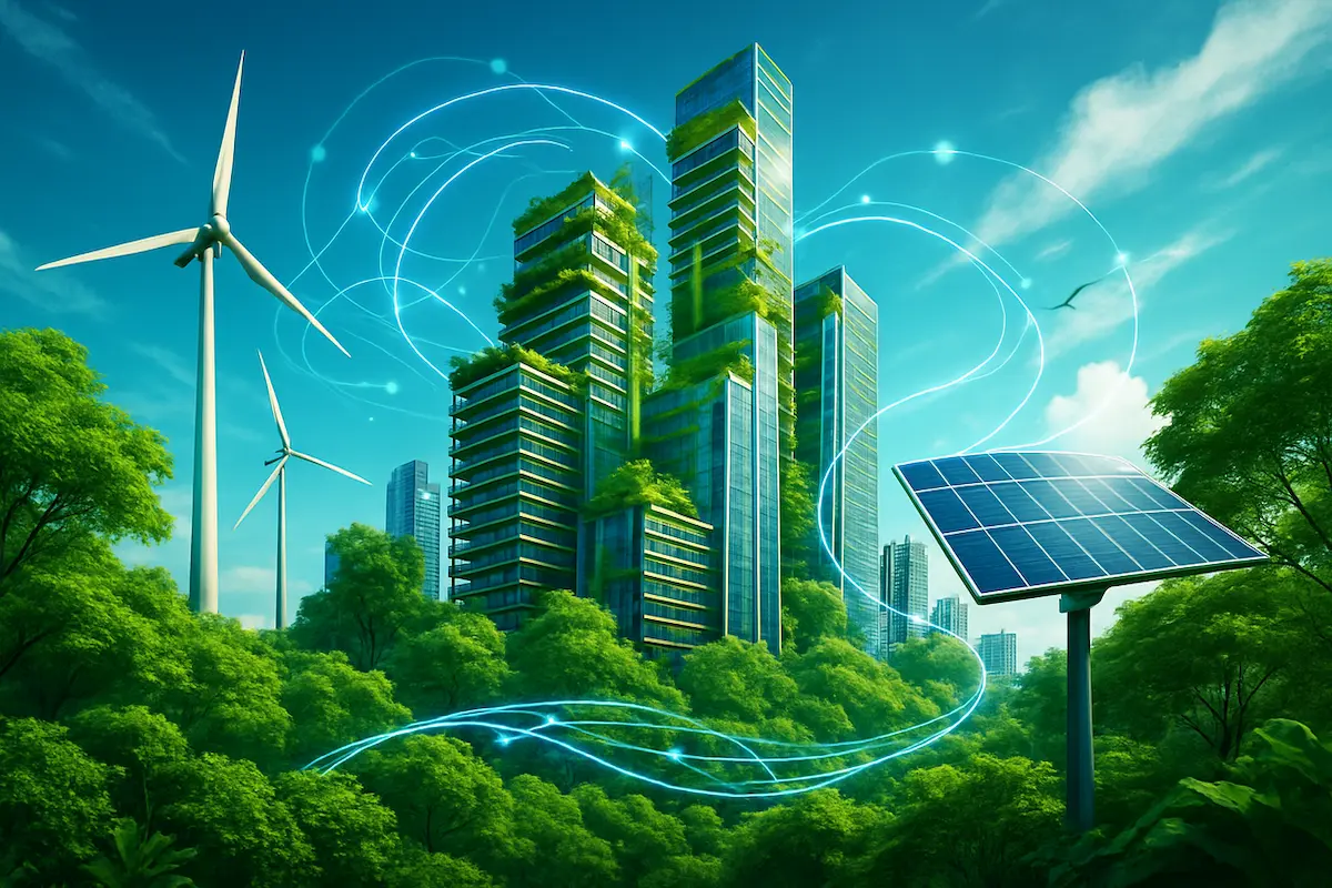 Painel solar em ambiente urbano ao pôr do sol, representando o uso da tecnologia para promover a sustentabilidade.