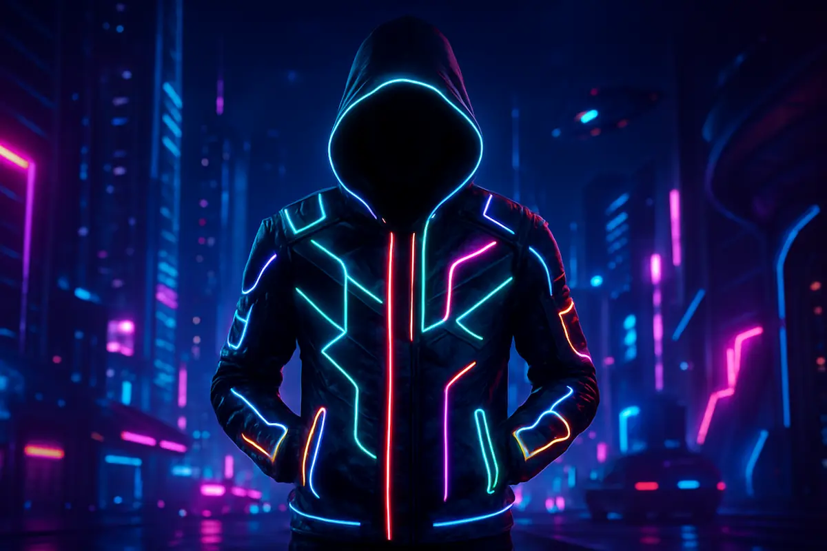 Wearable tech: Pessoa vestindo jaqueta tecnológica com LEDs inspirada em ficção científica, representando a wearable tech na moda geek.