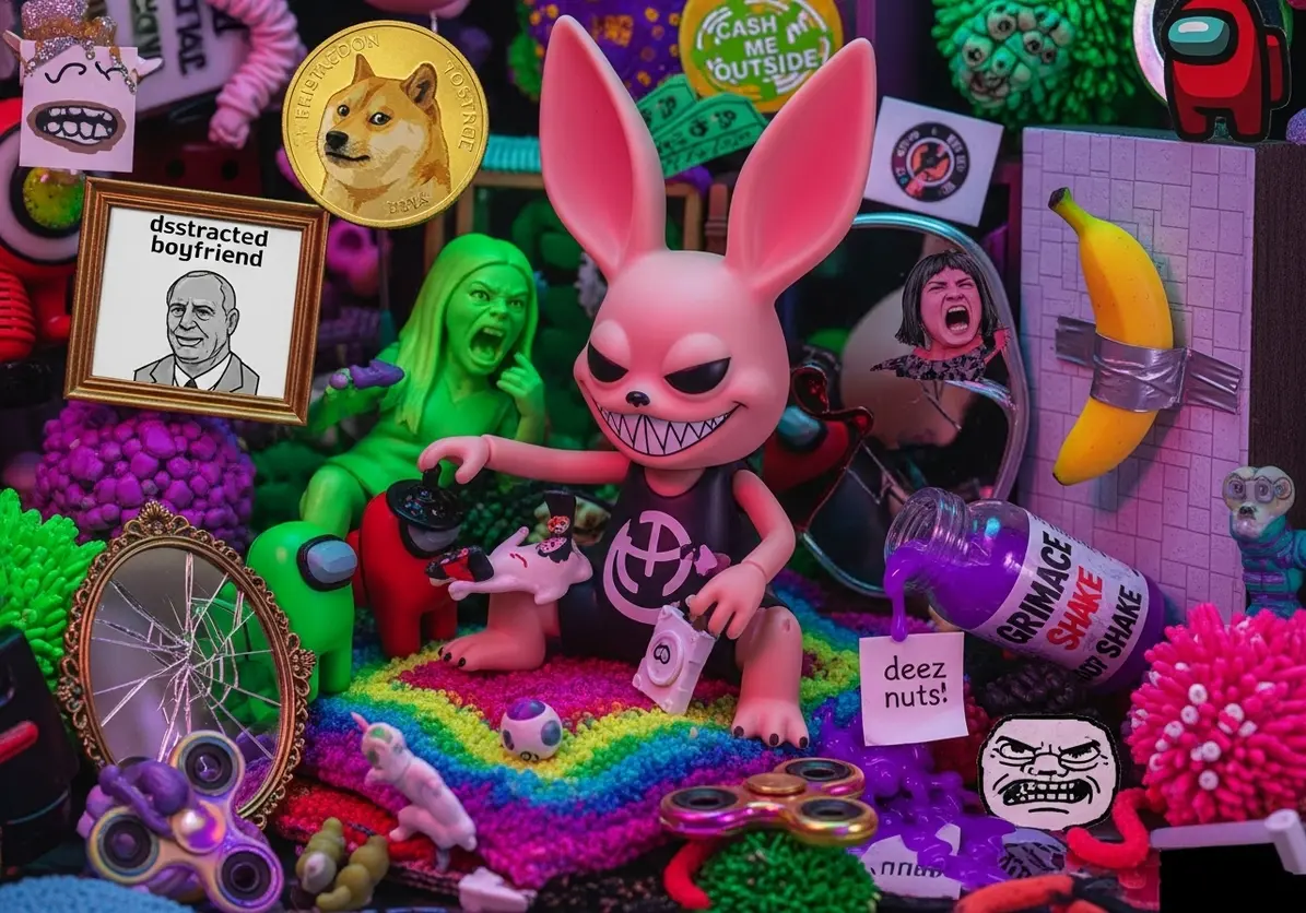 Brinquedos e objetos virais bizarros como Labubu representando a estética IRL Brain Rot na cultura pop digital