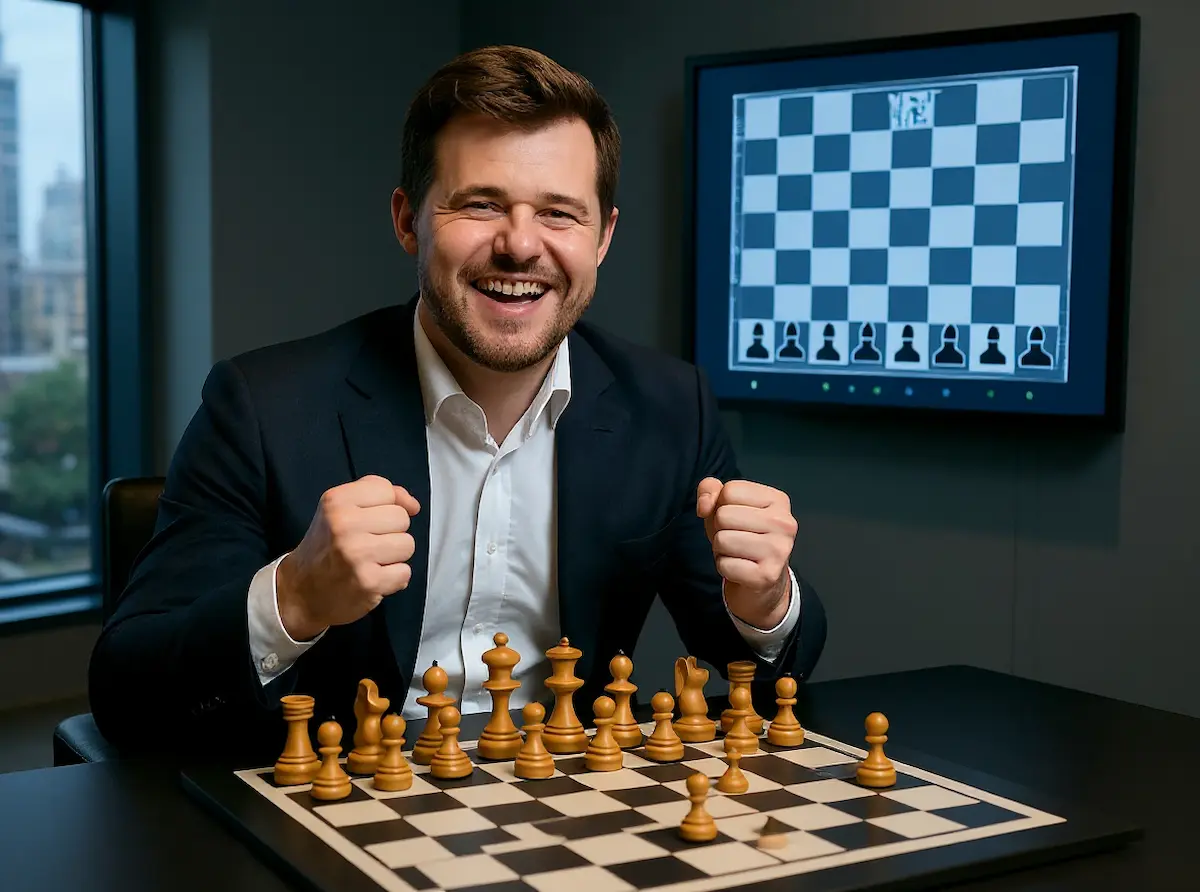 Magnus Carlsen, melhor jogador de xadrez do mundo, sorri após vencer uma inteligência artificial sem perder nenhuma peça em 53 lances