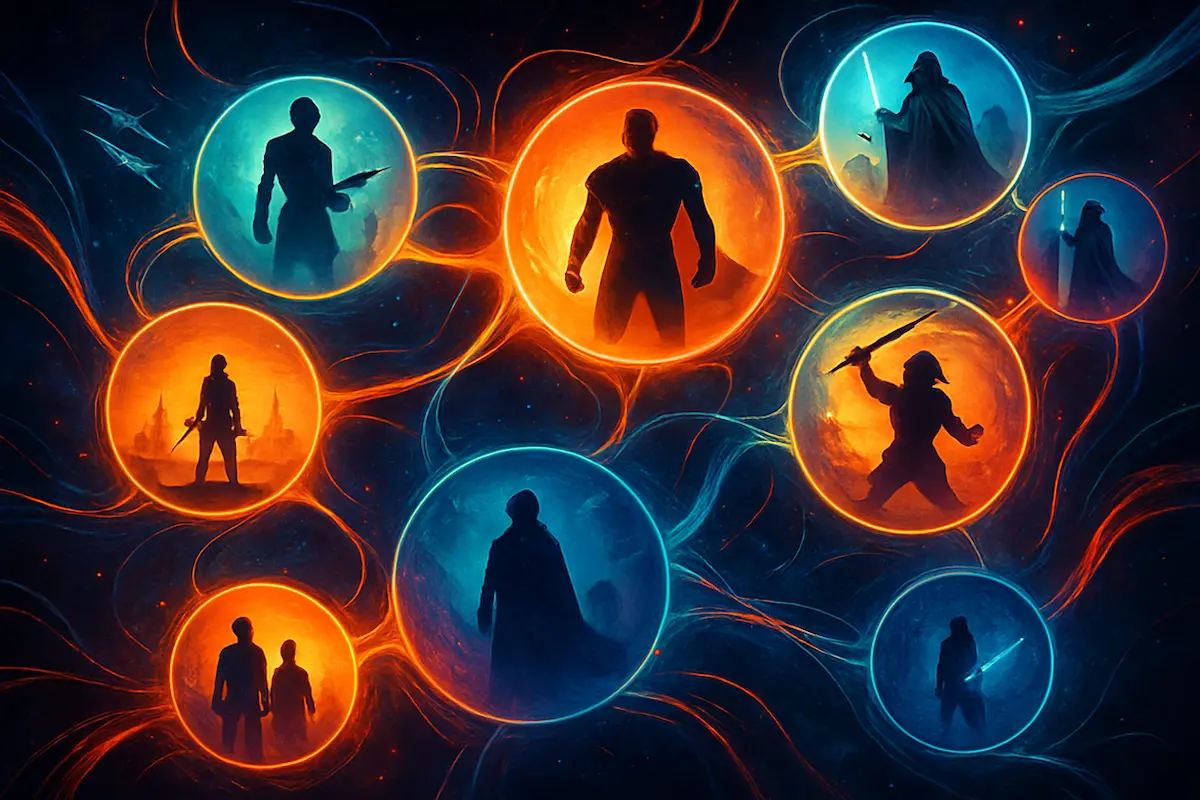 Montagem com personagens de diferentes franquias de universos compartilhados como Marvel, DC e Star Wars com fundo cinematográfico e a pergunta: "Sucesso ou Risco Criativo?"