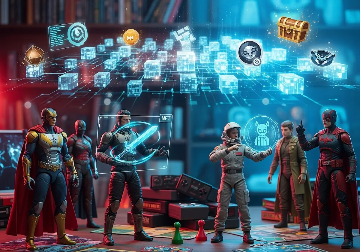 Imagem representando NFTs e colecionáveis digitais com conexão ao físico no universo geek, unindo blockchain, action figures e itens digitais exclusivos