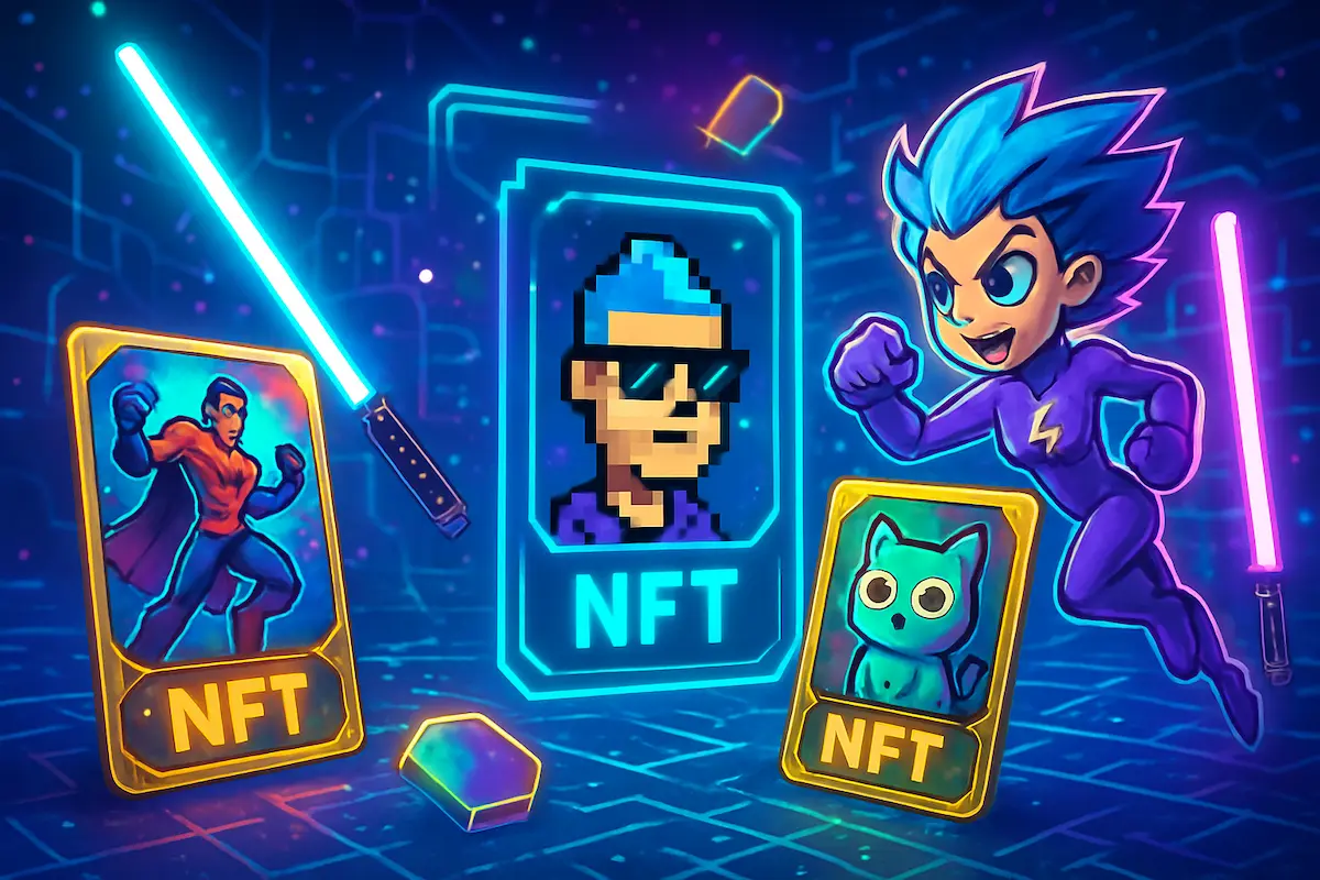 Arte digital representando itens geek como cards, sabres de luz e heróis em estilo NFT no universo digital