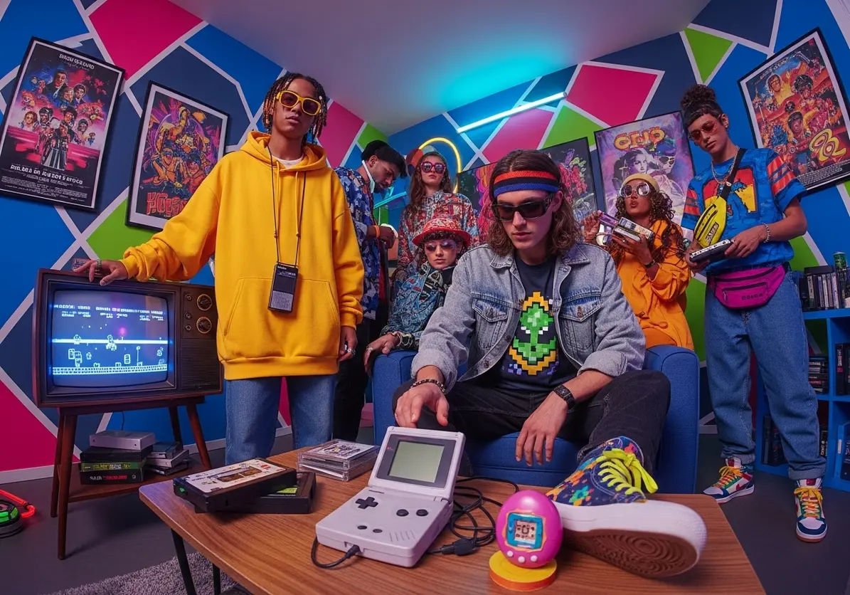 Imagem representando o revival nostálgico e pop culture vintage, com referências a séries dos anos 80/90, consoles portáteis retrô e moda vintage.