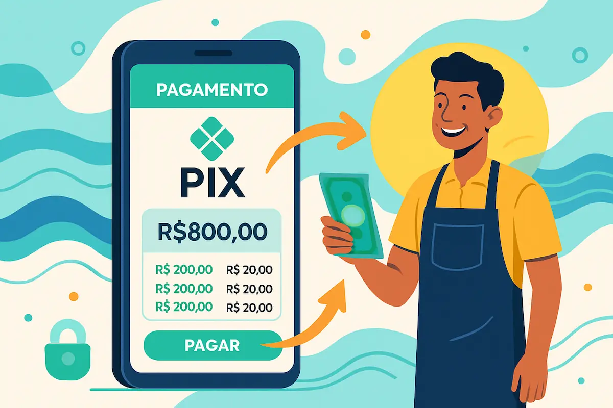 Ilustração conceitual de uma transação de pix parcelado com smartphone, valores sendo divididos em parcelas e lojista recebendo pagamento imediato.