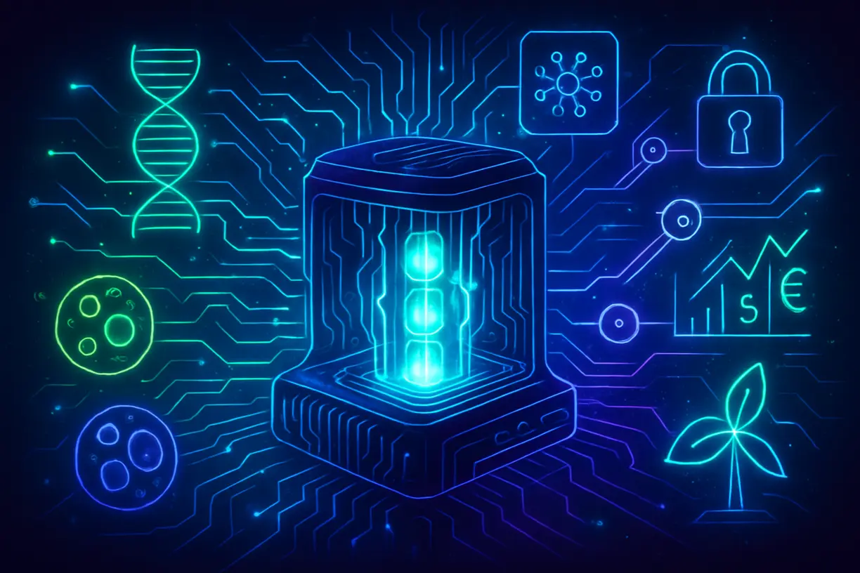 Ilustração futurista sobre computação quântica universal em funcionamento, com conexões digitais representando aplicações em medicina, inteligência artificial, criptografia, finanças e sustentabilidade.