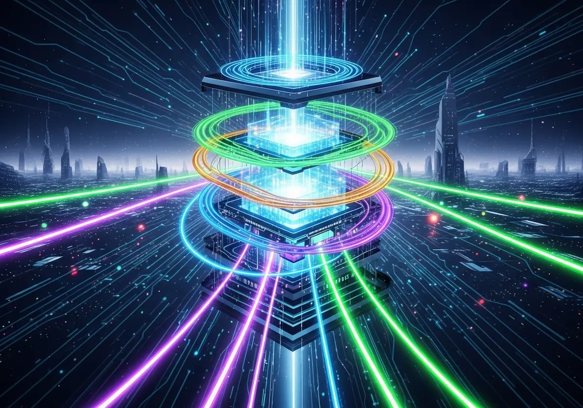 Ilustração futurista de um computador quântico universal com qubits entrelaçados em rede luminosa.
