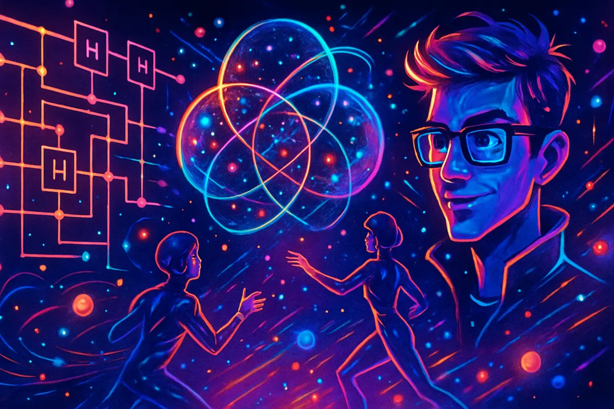 Ilustração representando computação quântica e ficção científica com elementos de tecnologia, multiverso e cultura geek
