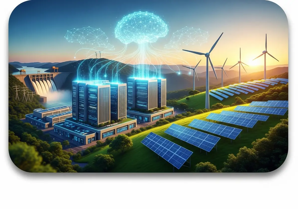 Ilustração de data centers modernos no Brasil alimentados por energia limpa e renovável, representando a ascensão da IA sustentável.