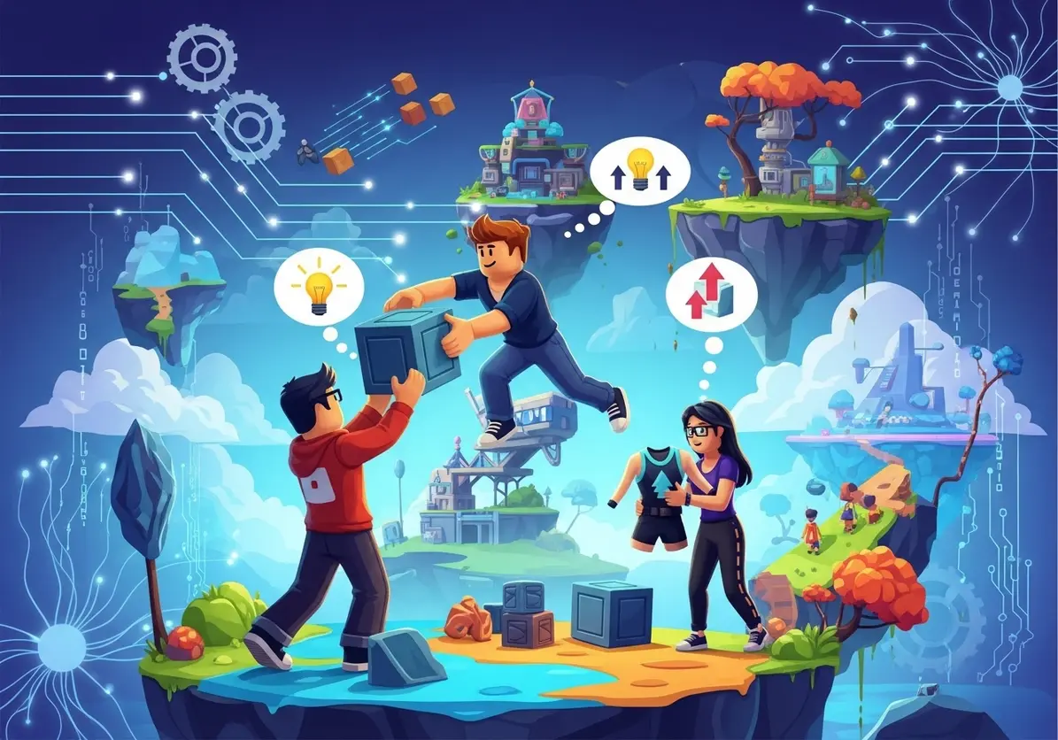 Infográfico colorido destacando como o UGC em jogos e IA na criação de conteúdo estão transformando narrativas, com ilustrações de jogadores, ícones de gamepad e elementos criativos.