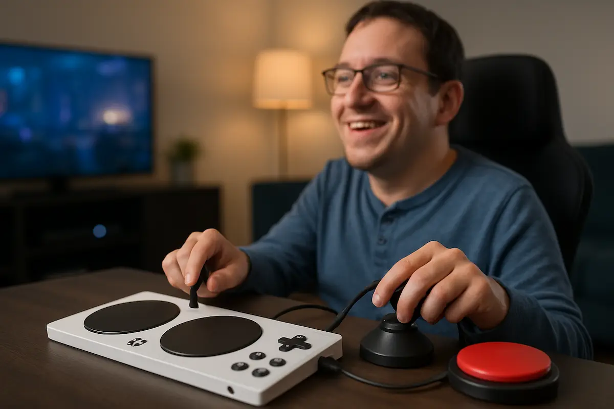 Imagem de um gamer usando um setup adaptado: o Xbox Adaptive Controller conectado a botões e joysticks externos, demonstrando a aplicação prática da tecnologia acessível geek.