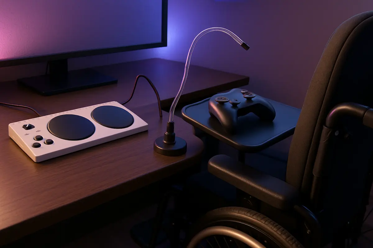 Acessibilidade em jogos: Mesa de jogo com controladores adaptativos para jogador com deficiência, mostrando botões grandes, controle adaptado, setup acessível
