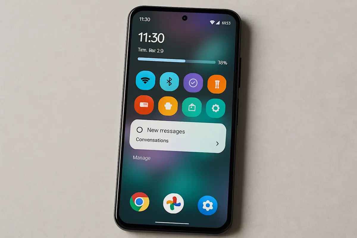 Interface do Android 16 mostrando câmera, notificações com progresso e ícones estilizados.