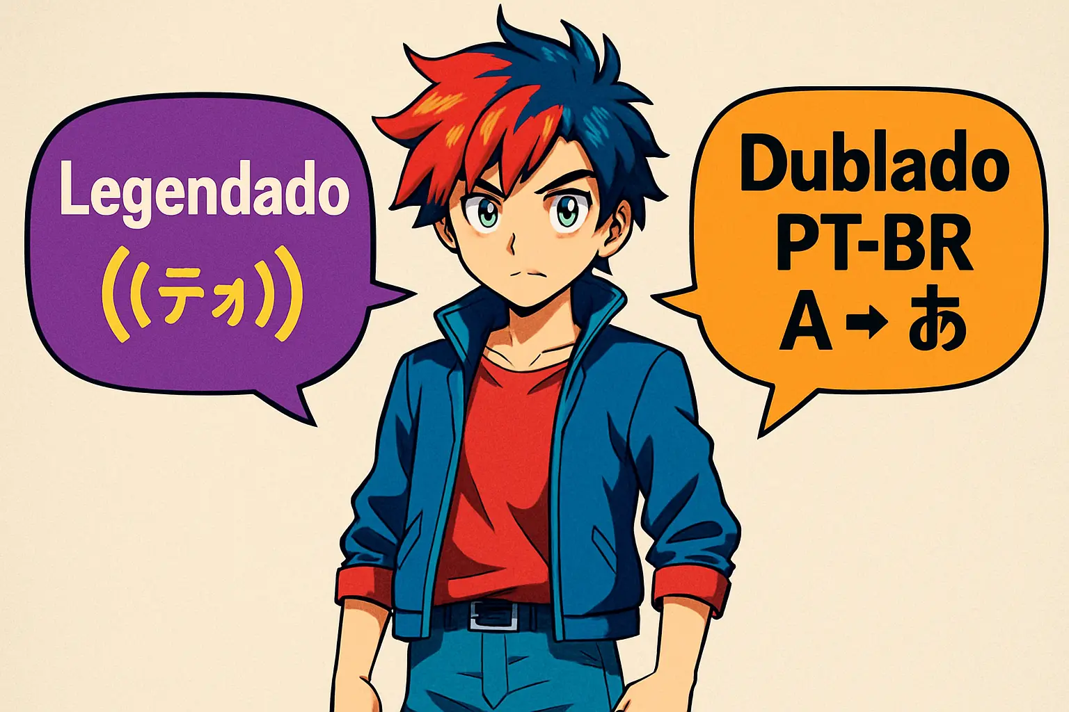 Ilustração demonstrando decisão entre anime legendado vs dublado no Brasil