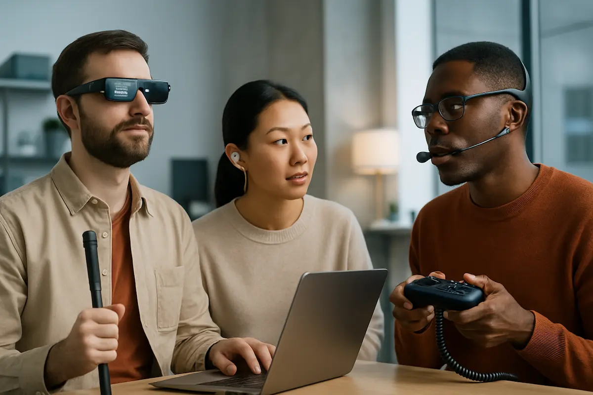 Tecnologia acessível: Pessoa com deficiência visual usando óculos inteligentes falantes, aparelho auditivo moderno e teclado adaptado para deficiência motora.