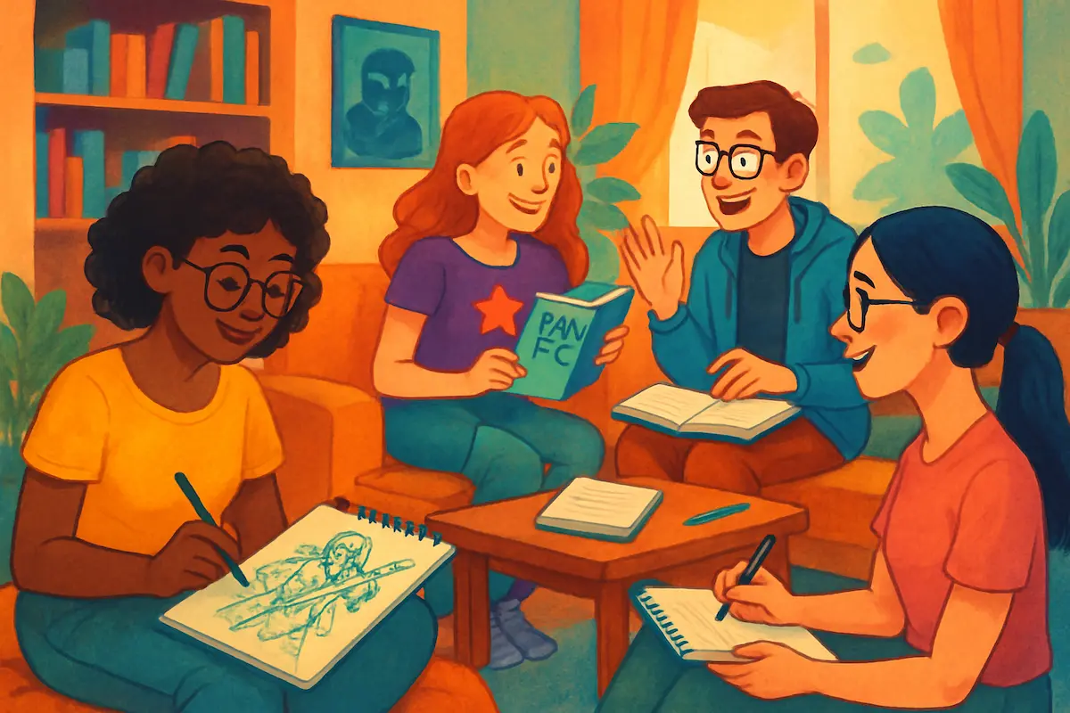 Grupo de fãs da cultura geek sorrindo, criando fan art e compartilhando histórias de fan fiction como forma de melhorar o bem-estar mental.