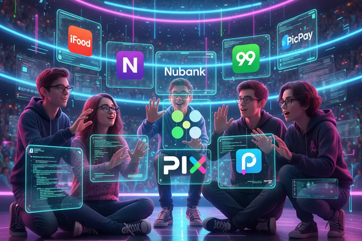 Jovens brasileiros usando apps nacionais, PIX geek e tecnologia digital em eventos virtuais.